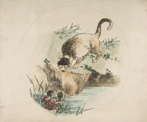 Decoratie voor een bord: een kat die een krab jaagt, 1850-1914