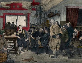 Peter I de Grote in 1697 Holland binnenkomend voor scheepsbouw. Naar het schilderij van Felix Cogen