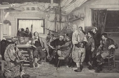 Peter de Grote leert de kunst van het scheepsbouw in Nederland in 1697 (gravure)