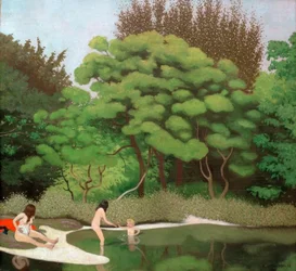Zonnig boslandschap, met twee vrouwen en een kind