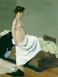 Staand naakt dat een japon op haar knie houdt, 1904