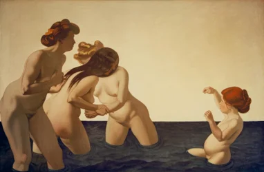 Drie vrouwen en een klein meisje, spelend in het water