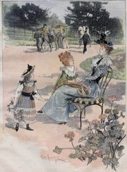Wandeling van kinderen naar de acclimatisatietuin in Parijs in 1892. Aquarelgravure.