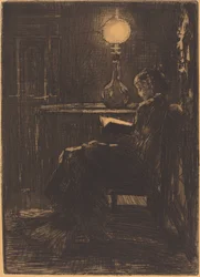 Vrouw die leest bij lamplicht, 1879