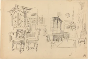 Twee studies van een interieur met meubels