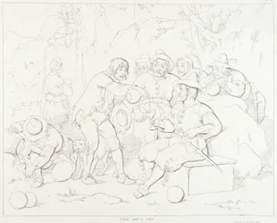 (Rip Van Winkle, illustratie) Rip schenkt drank aan de vreemde mannen in de bergen