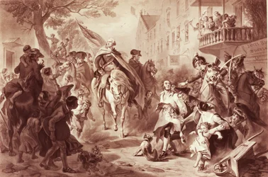 George Washington betreedt New York in 1783, gegraveerd door Alexander Hay Ritchie (1822-1895)