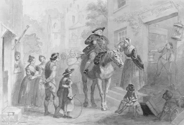 Dorpsscène met Nederlandse koloniale figuren uit het Hosack-album
