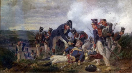 Een lijninfanterie geweerofficier die een luitenant van het Britse 13e Lichte Dragonders Regiment redt, 2e helft van de 19e eeuw