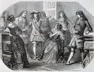Arrestatie van Nicolas Fouquet, superintendent van financiën, gravure door Henri Felix Emmanuel Philippoteaux (1815-1884) uit Vicomte van Bragelonne, door Alexandre Dumas (1802-1870)