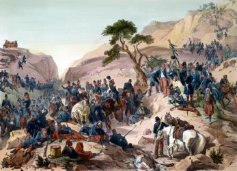 Episode uit de verovering van Algerije in 1840 - Slag bij de Mouzaiapas (1840) - De hertog van Orléans voert het bevel over het Franse leger - gravure door Philippoteaux - Het Franse leger wint de Slag om de Teniah van Mouzaia voor de bergpas van Mouzaia