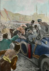 Moord op Franz Ferdinand (1863-1914) aartshertog van Oostenrijk, en zijn vrouw Sophie in Sarajevo (gravure)