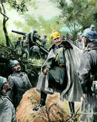 Eerste Wereldoorlog: Portret van keizer Wilhelm II (1859-1941) die een artilleriepost bezoekt