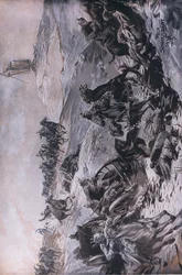 Van het oostfront: Artillerie in transit onder vijandelijk vuur, illustratie uit Hindenburg gepubliceerd door Daterlandischer Derlag C U Weller Berlijn