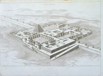 Khorsabad-paleis, historische weergave vanuit het zuidoosten met een deel van de versterkte muren, illustratie uit 