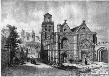 Kerk van Saint Sulpice (Saint Sulpice) van Pierrefonds in het departement Oise in de regio Picardië - Gravure uit 1868 naar een tekening van Felix de Thorigny