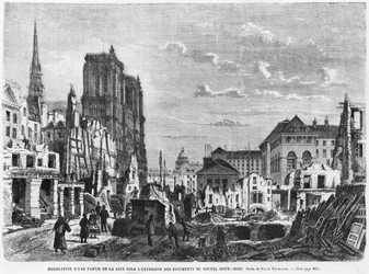 Parijs, sloop van een deel van de Cite om de gebouwen van het nieuwe Hotel-Dieu uit te breiden, gegraveerd door Charles Barbant