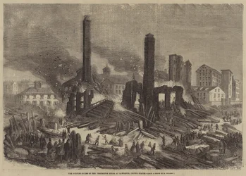 De brandende ruïnes van de Pemberton Mills, in Lawrence, Verenigde Staten