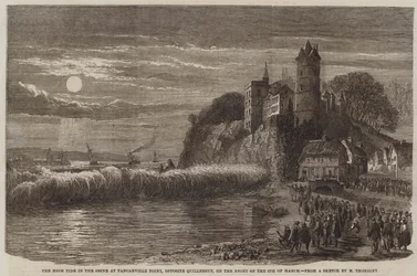 De vloed in de Seine bij Tancarville Point, tegenover Quillebeuf, in de nacht van 9 maart