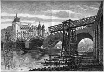 Transformaties van Parijs onder het Tweede Keizerrijk, Haussmann Parijs: sloop van de Pont au Change (1639-1647) en installatie van de tijdelijke brug. Gravure door Felix Thorigny in 