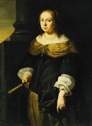 Portret van een dame, driekwart figuur, in een zwarte en groene jurk, met een waaier, op een portiek