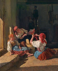 Kinderen versieren een dienstplichtigenhoed, 1854