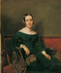 Dame in cinnabergroen kleed