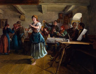De openingsdans. Scène in een café, de serveerster, vrolijk en blootsvoets, maakt een danspas met een lege karaf in haar hand. Rondom haar proosten klanten met hun bierpul, op de gezondheid van een koppel
