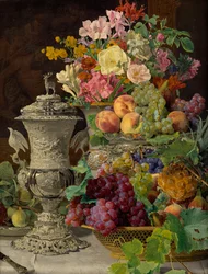 Stilleven met Vruchten, Bloemen en Zilveren Beker