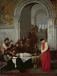 De schilder Luca Signorelli bij het lichaam van de dode zoon van zijn rivaal
