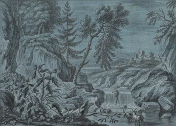 Zuidelijk landschap met een waterval en geiten, laat 18e eeuw