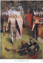 Hij werd gedwongen toe te geven, illustratie uit The Stories of Wagners Operas, uitgegeven door George Harrap & Co Ltd 1932
