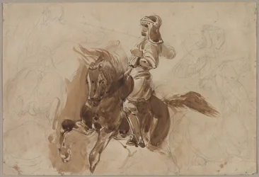 Gepantserde figuur te paard recto, Paard voor een schuur verso, ca. 1828