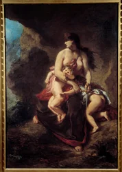 Furieuze Medea Medea vermoordt haar twee kinderen in een grot. Schilderij door Eugène Delacroix (1798-1863)