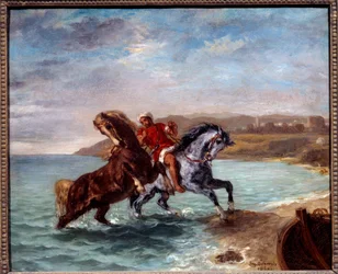 Paarden die uit de zee komen. Schilderij van Eugène Delacroix (1798-1863)