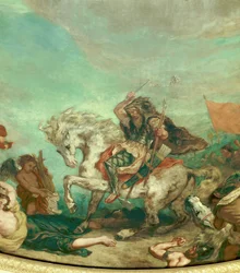 Voorstelling van Attila (395-453), koning van de stam der Hunnen. Detail van een fresco van Eugène Delacroix (1798-1863) dat de koepel van de bibliotheek van de Nationale Vergadering (Palais Bourbon) siert, 1843, Parijs