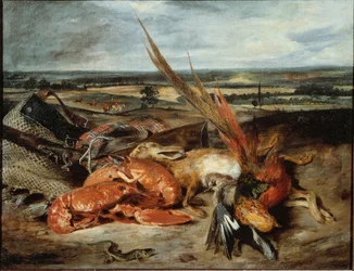 Stilleven met kreeft en trofeeën van jacht en visserij