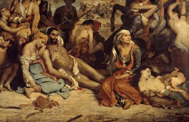 De massamoorden van Chios. Scène die de Griekse onafhankelijkheidsoorlog tegen de Ottomanen uitbeeldt: Griekse burgers die wachten op de dood of slavernij (detail). Schilderij door Eugène Delacroix (1798-1863)