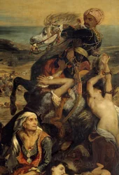 De slachtingen van Scio. Scène die de Griekse onafhankelijkheidsoorlog tegen de Ottomanen uitbeeldt: Griekse burgers wachten op de dood of slavernij (detail). Schilderij door Eugene Delacroix (1798-1863)