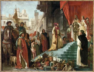 De terugkeer van Christoffel Columbus;zijn audiëntie bij koning Ferdinand en koningin Isabella, de katholieke heersers (olieverf op doek)