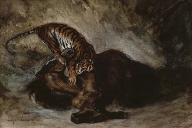 Tijger die een paard aanvalt