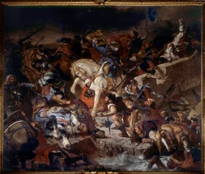 Zicht op de Slag bij Taillebourg gewonnen door Koning Saint Louis op 21 juli 1242