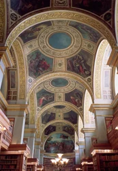 Uitzicht op het cassetteplafond van de Bibliotheek met verguld stucwerk omlijsting van spandrils die bijbelse en klassieke scènes illustreren, 1844