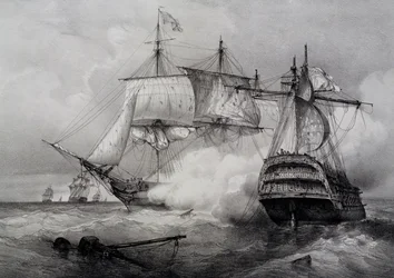 Slag tussen Amerikaans 74-kanonschip en Britse fregat, lithografie door Ferdinand Perrot