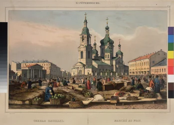 Hooi markt en de kathedraal van de Hemelvaart van de Moeder Gods in Sint-Petersburg