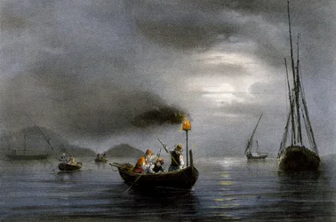 Nachtvissen met vislamp, Kleurenlithografie door Ferdinand Perrot (1808-1841)