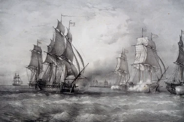 Paul Jones valt Britse vloot aan onder bevel van Pearson en komt aan vanuit de Oostzee