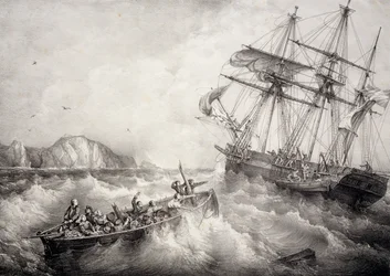 Redding van bemanning van Bretonse vissersboot door Zweeds schip Le Neptune, Lithografie door Ferdinand Perrot