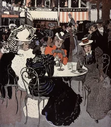 Vrouw die aan een tafel buiten een café praat. Illustratie door Von Reznicek in: Simplicissimus, Duitsland