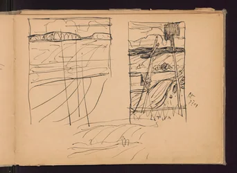 Drie schetsen: a), c) heuvelachtig landschap, b) oude kruisen; verso: drie schetsen van schilderijen: Angelus, Litouwen, Provincie